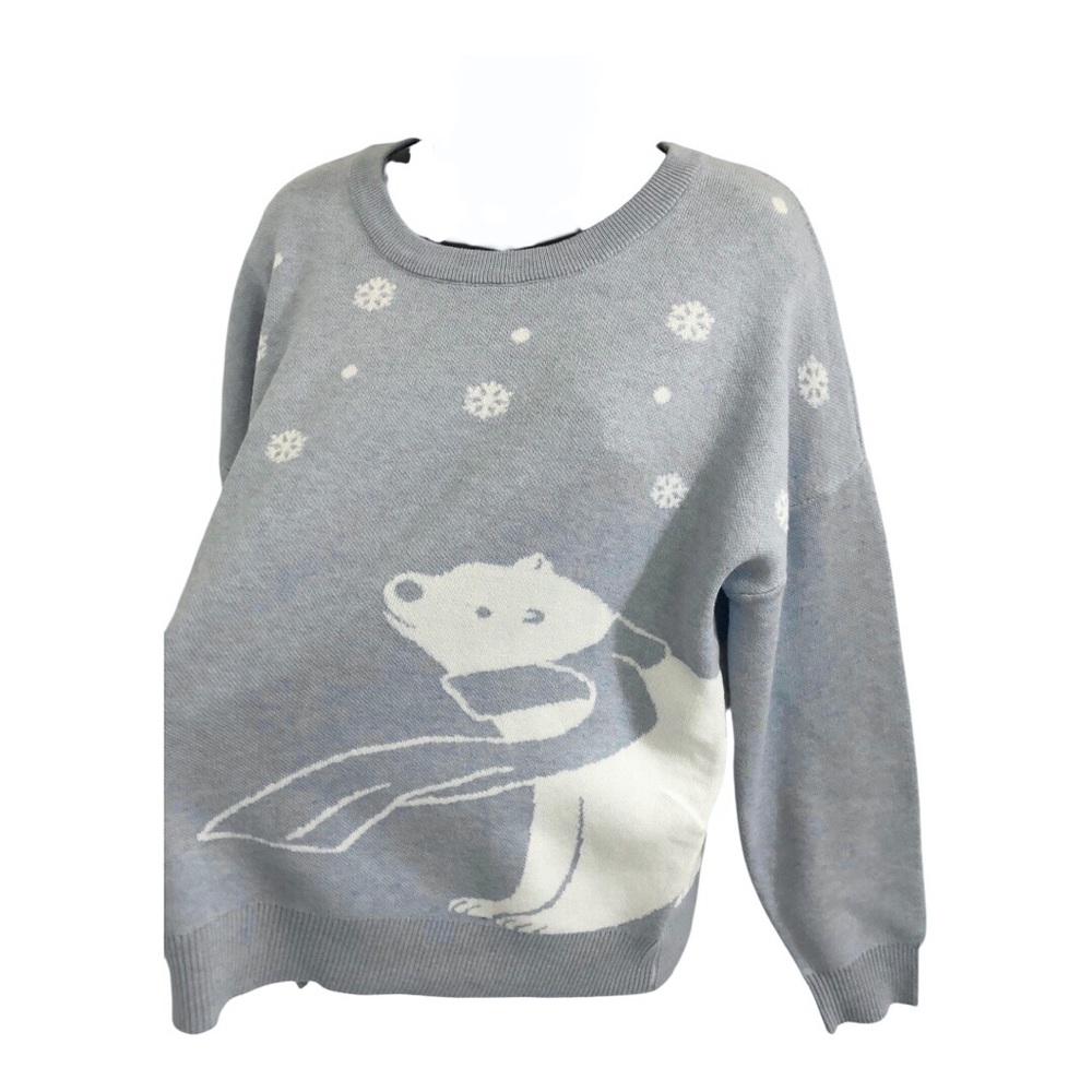 Blue sweater printed with snowflakes and white polar bear size large brand new‎